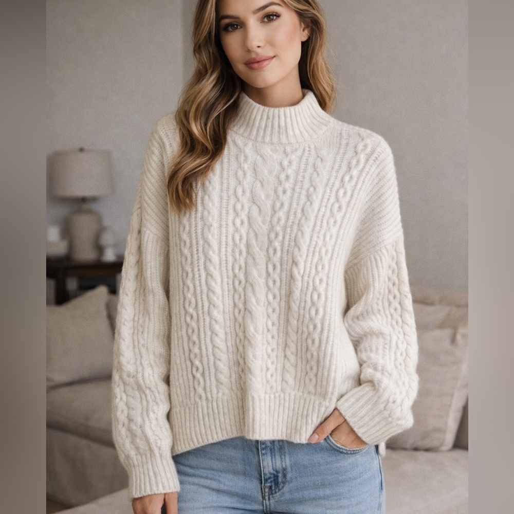 RACHEL ZOE Ivory Cable Knit Mock Neck Sweater women’s Size L (NWOT)